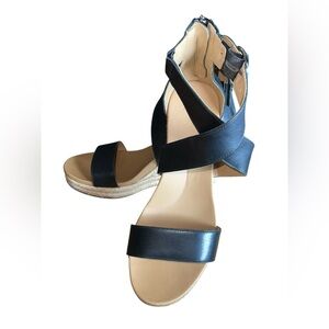 Ugg Hylda Black Leather Strappy Espadrille Wedge Sandals Ankle Buckle Women’s 9